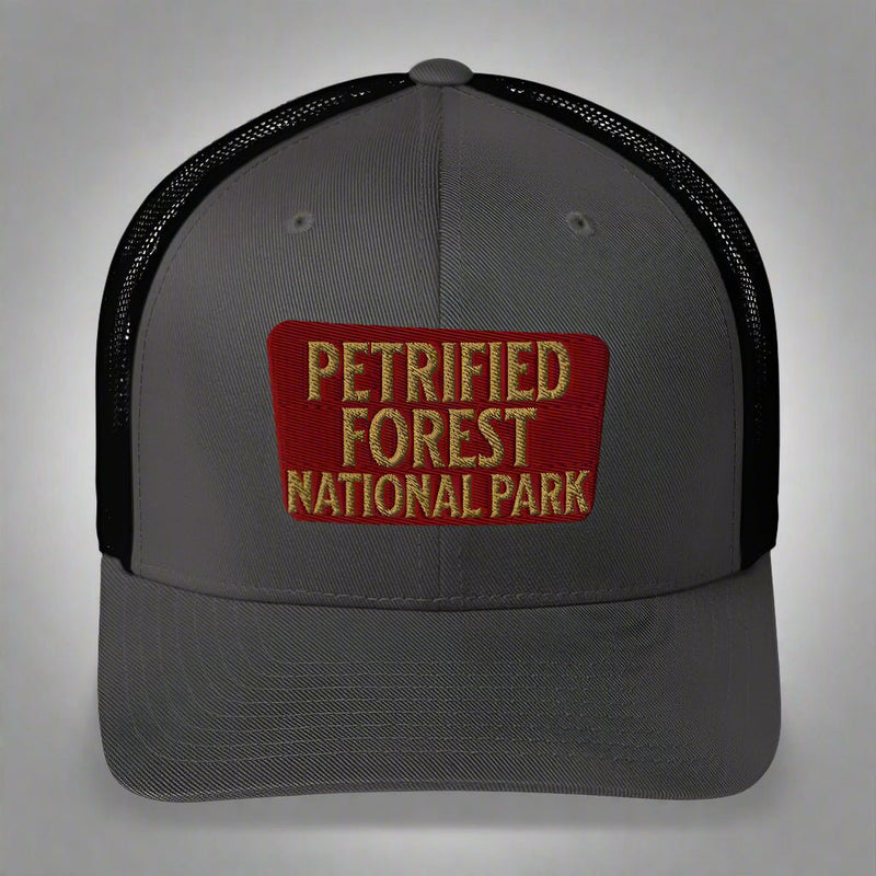 Petrified Forest National Park embroidered trucker hat shown in lifestyle or modeled setting