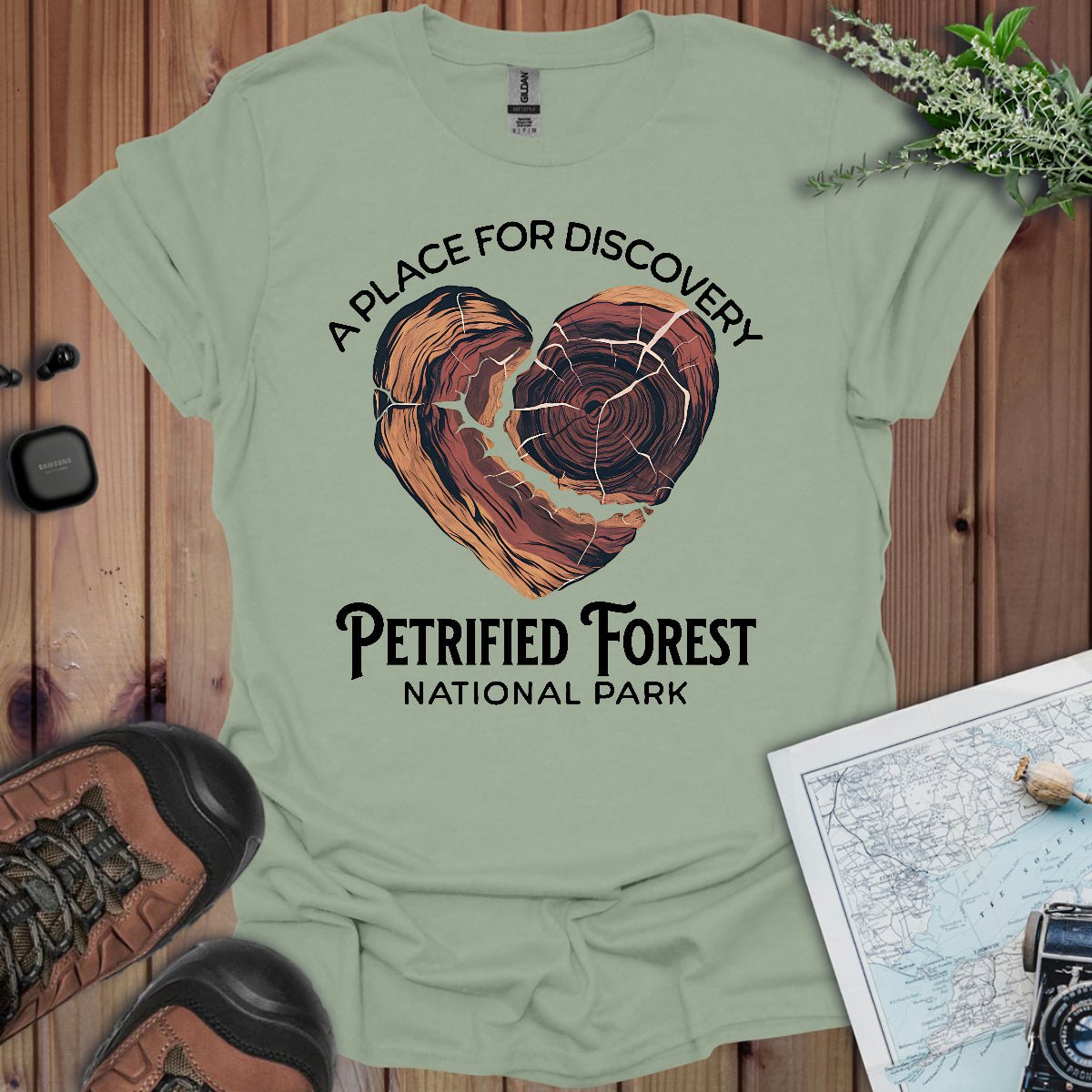 Petrified Forest National Park Heart Wood graphic t-shirt shown in lifestyle or modeled setting