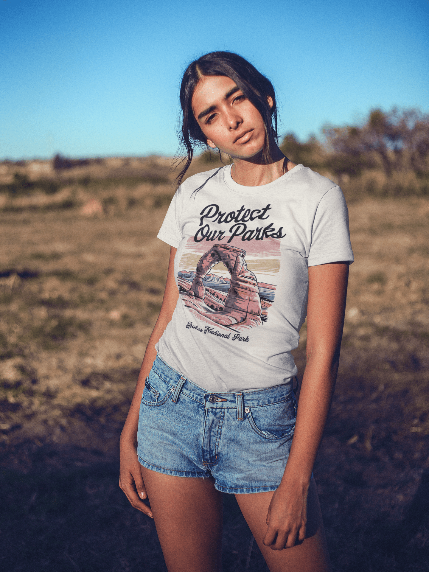 Protect Our Parks Arches graphic t-shirt shown in lifestyle or modeled setting