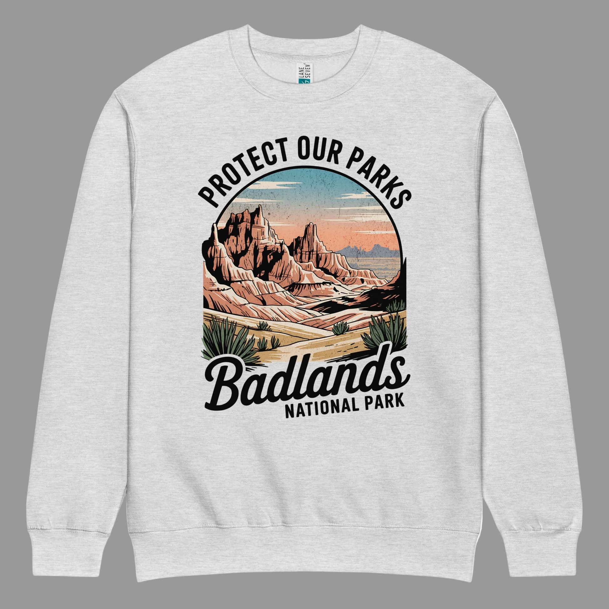 Protect Our Parks Badlands crewneck sweatshirt shown in lifestyle or modeled setting