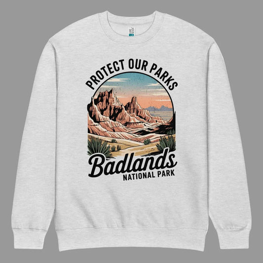 Protect Our Parks Badlands crewneck sweatshirt shown in lifestyle or modeled setting
