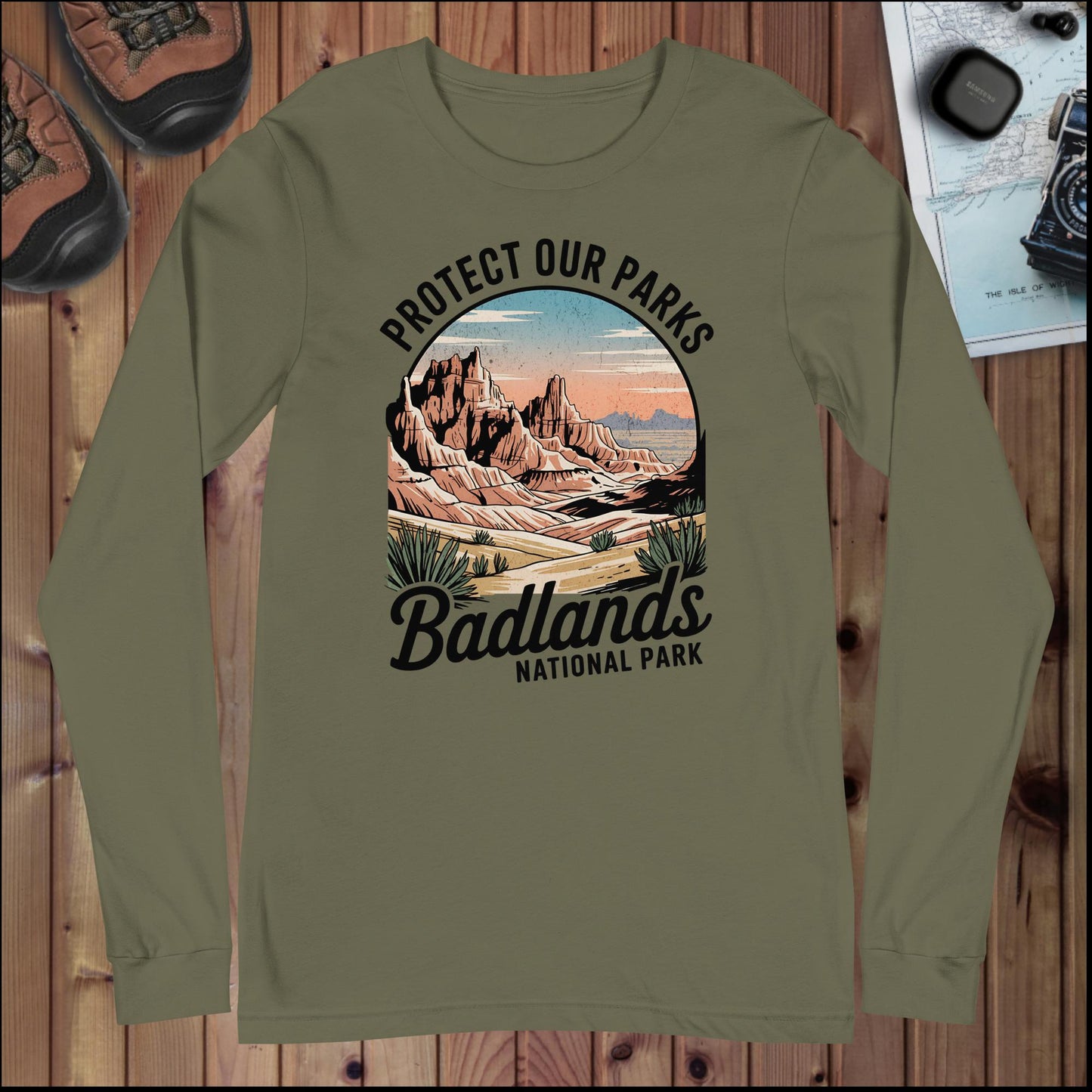 Protect Our Parks Badlands long sleeve t-shirt shown in lifestyle or modeled setting