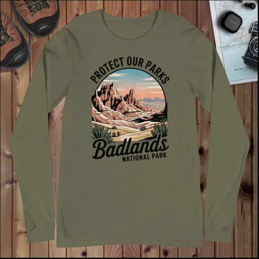 Protect Our Parks Badlands long sleeve t-shirt shown in lifestyle or modeled setting