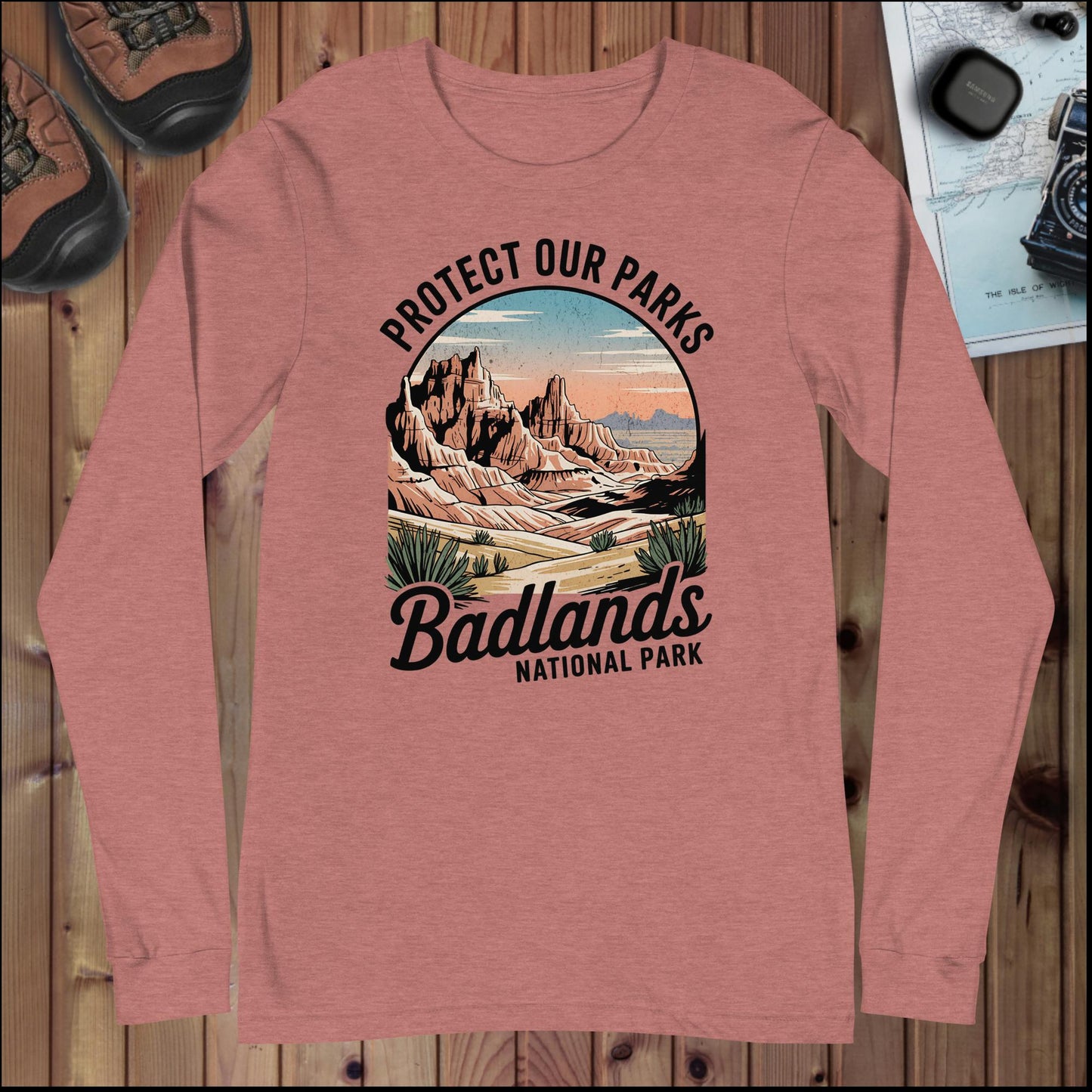 Protect Our Parks Badlands long sleeve t-shirt shown in lifestyle or modeled setting