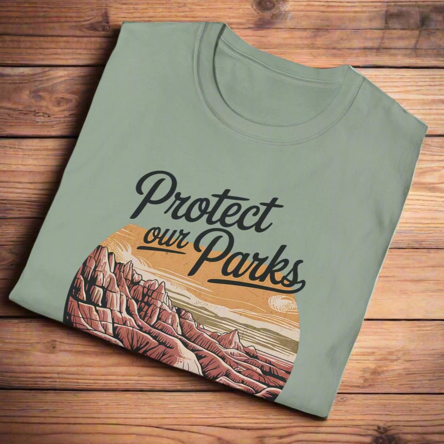 Protect Our Parks Badlands graphic t-shirt shown in lifestyle or modeled setting