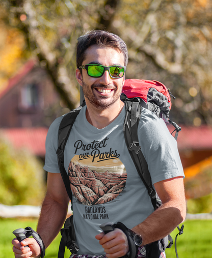 Protect Our Parks Badlands graphic t-shirt shown in lifestyle or modeled setting