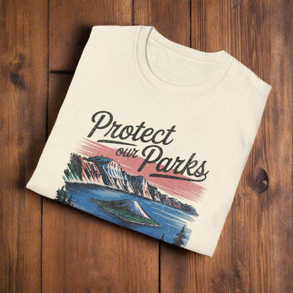 Protect Our Parks Crater Lake graphic t-shirt shown in lifestyle or modeled setting