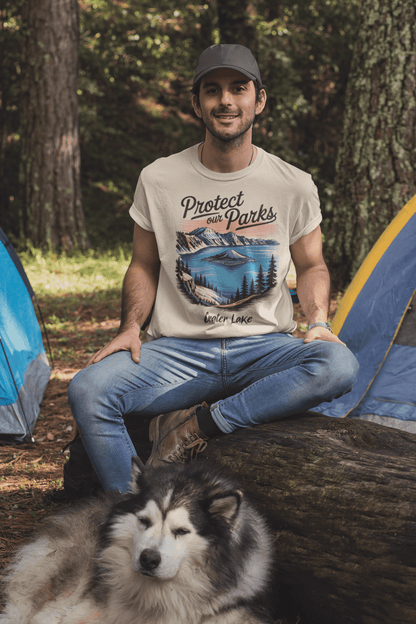 Protect Our Parks Crater Lake graphic t-shirt shown in lifestyle or modeled setting