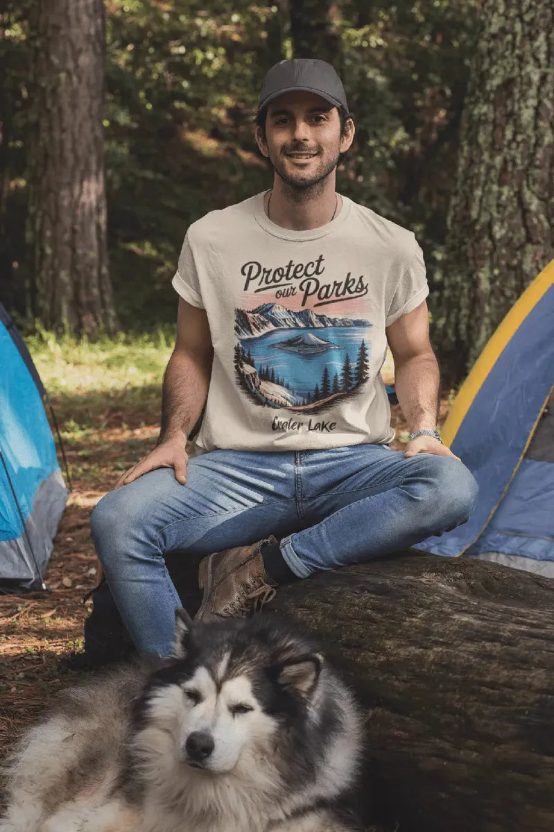 Protect Our Parks Crater Lake graphic t-shirt shown in lifestyle or modeled setting