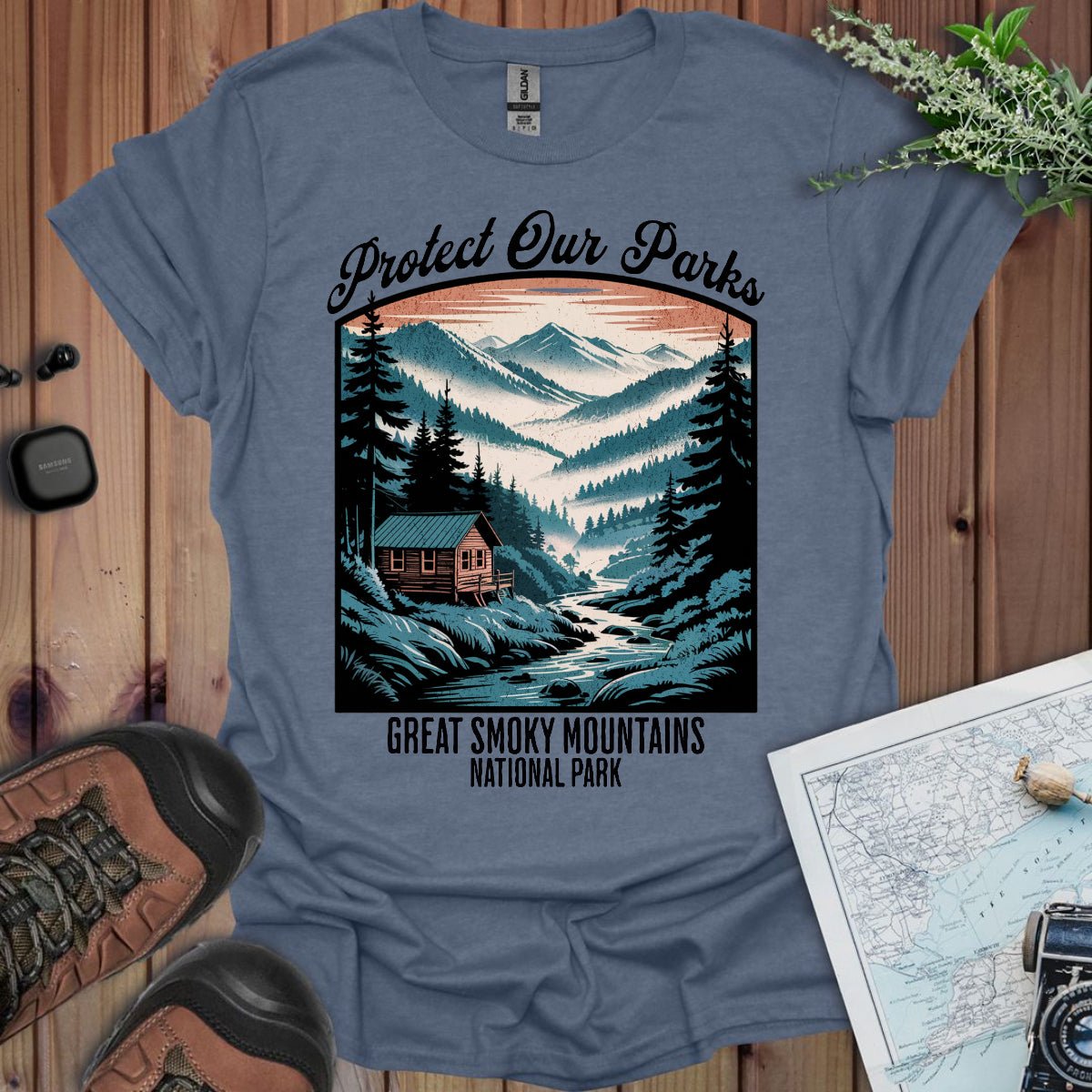Protect Our Parks Great Smoky Mountains graphic t-shirt shown in lifestyle or modeled setting