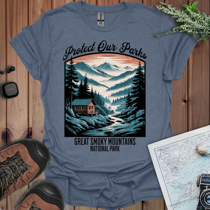 Protect Our Parks Great Smoky Mountains graphic t-shirt shown in lifestyle or modeled setting