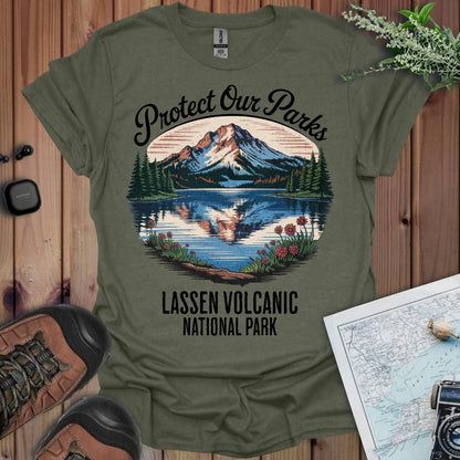Protect Our Parks Lassen Volcanic graphic t-shirt shown in lifestyle or modeled setting