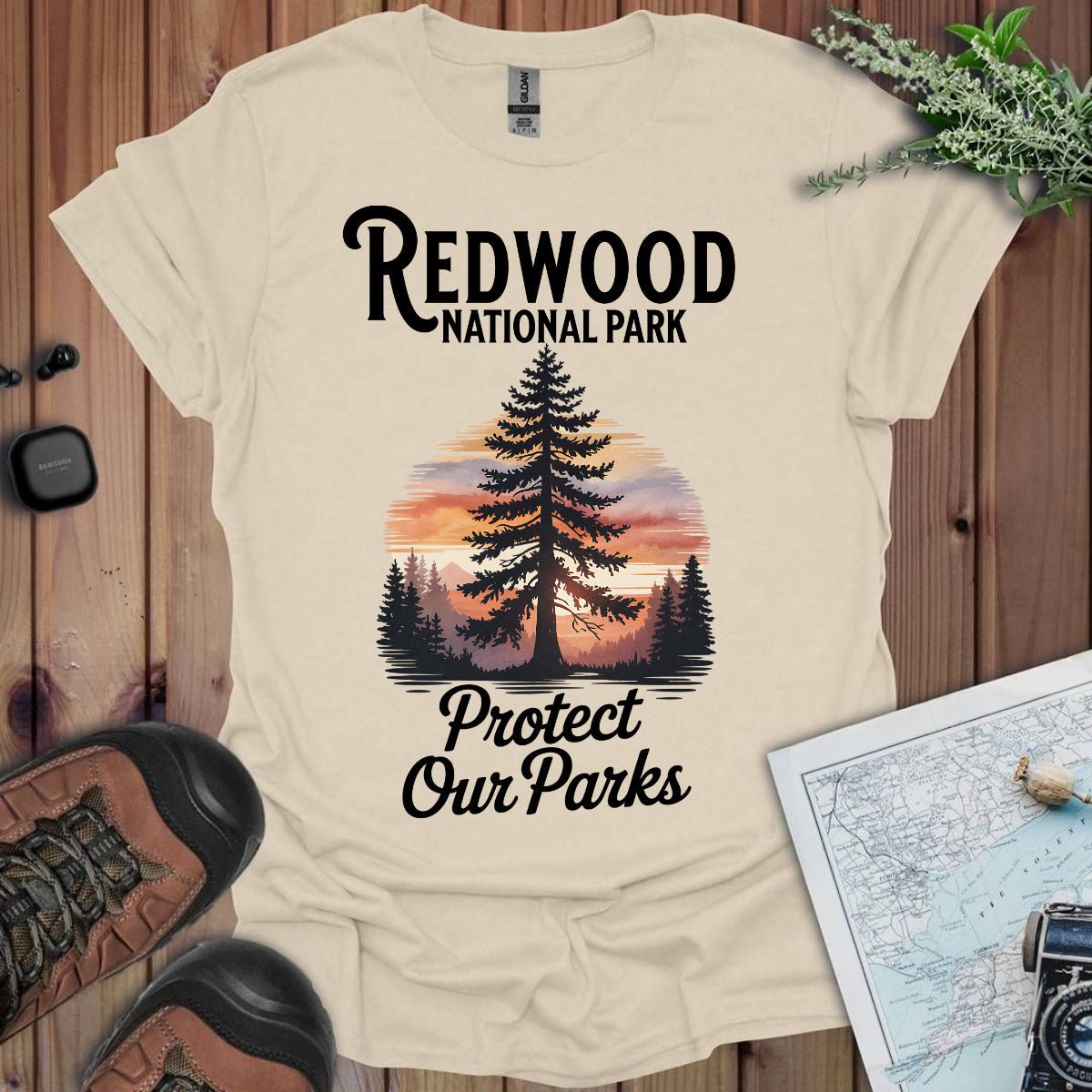 Protect Our Parks Redwood graphic t-shirt detail or alternate product view
