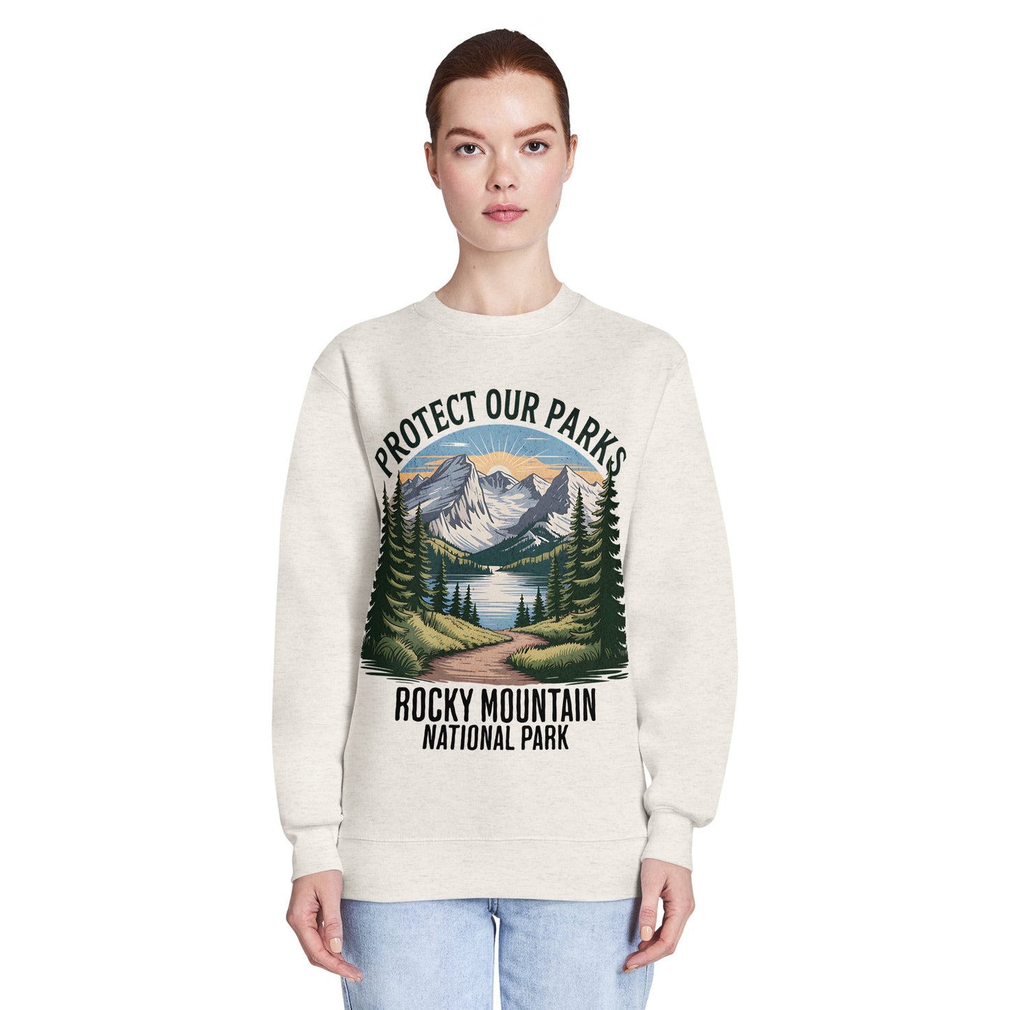 Protect Our Parks Rocky Mountains crewneck sweatshirt shown in lifestyle or modeled setting