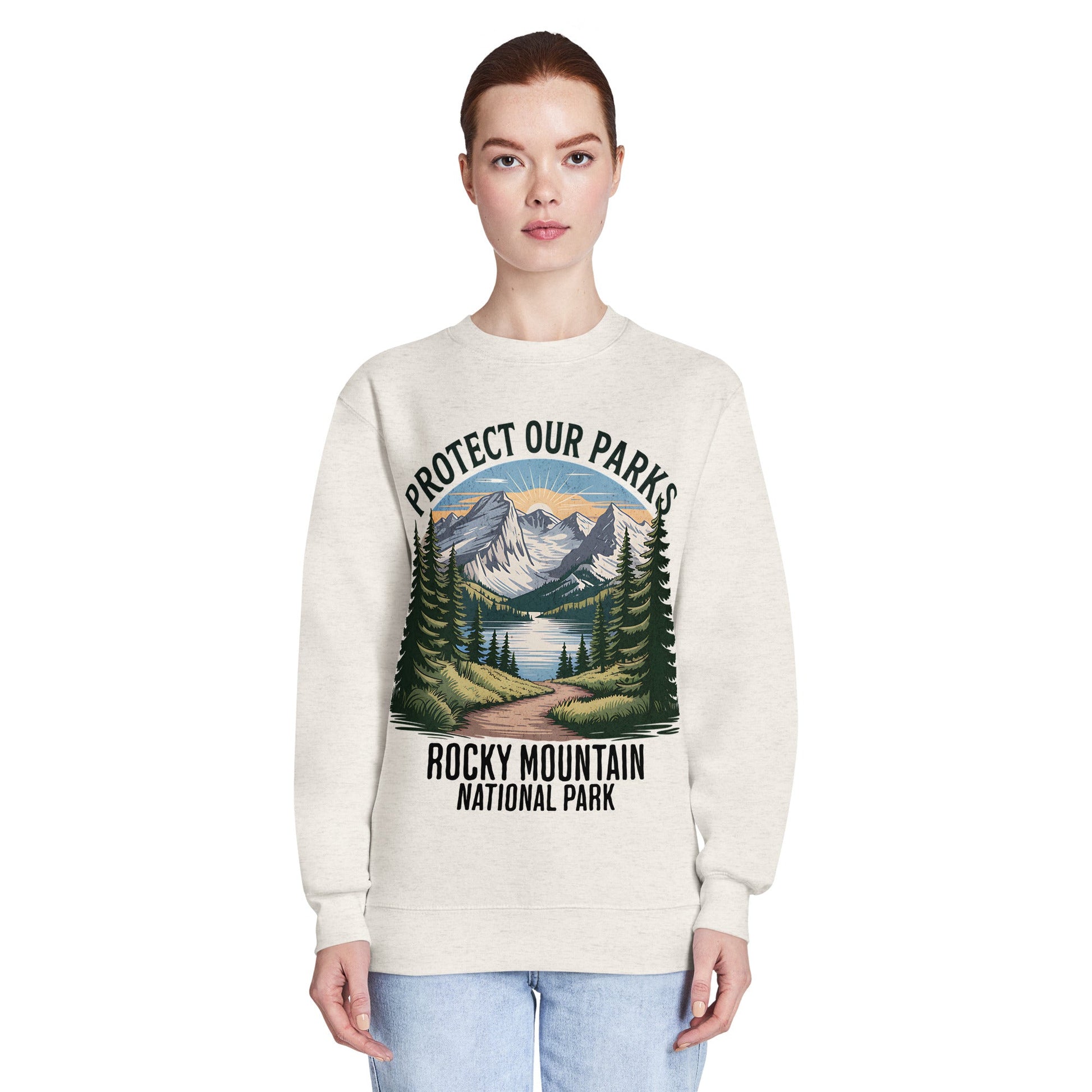 Protect Our Parks Rocky Mountains crewneck sweatshirt shown in lifestyle or modeled setting