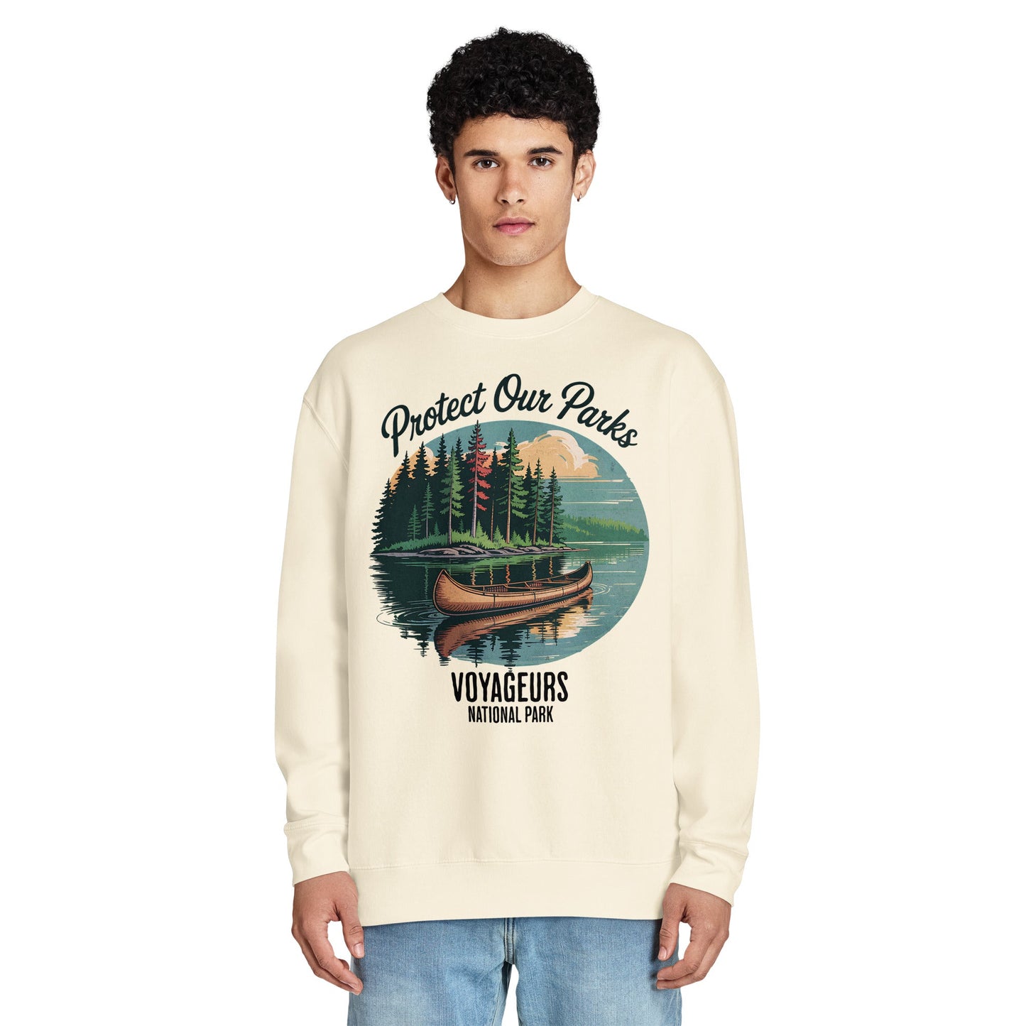 Protect Our Parks Voyageurs crewneck sweatshirt shown in lifestyle or modeled setting