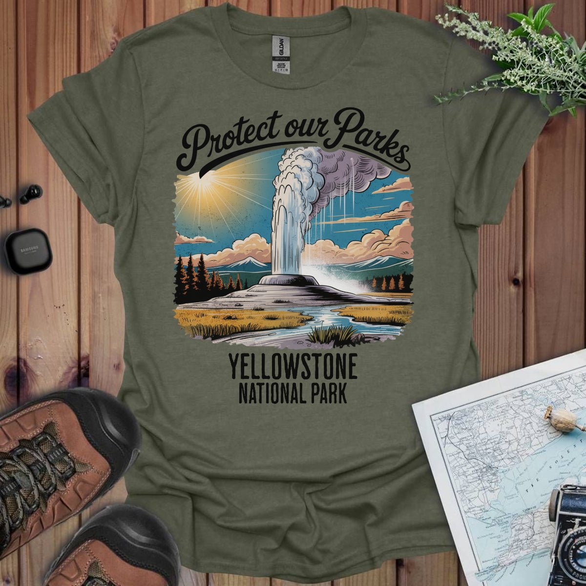 Protect Our Parks Yellowstone graphic t-shirt shown in lifestyle or modeled setting