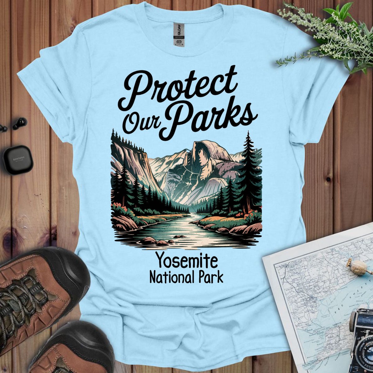Protect Our Parks Yosemite Half Dome graphic t-shirt shown in lifestyle or modeled setting