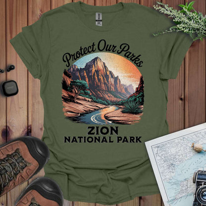 Protect Our Parks Zion graphic t-shirt shown in lifestyle or modeled setting