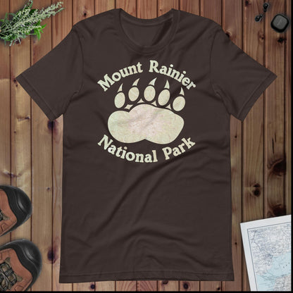Rainier Bear Paw national park topo t-shirt shown in lifestyle or modeled setting