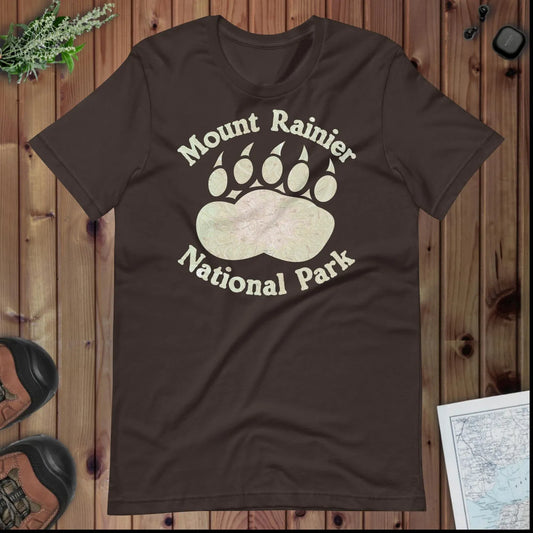 Rainier Bear Paw national park topo t-shirt shown in lifestyle or modeled setting