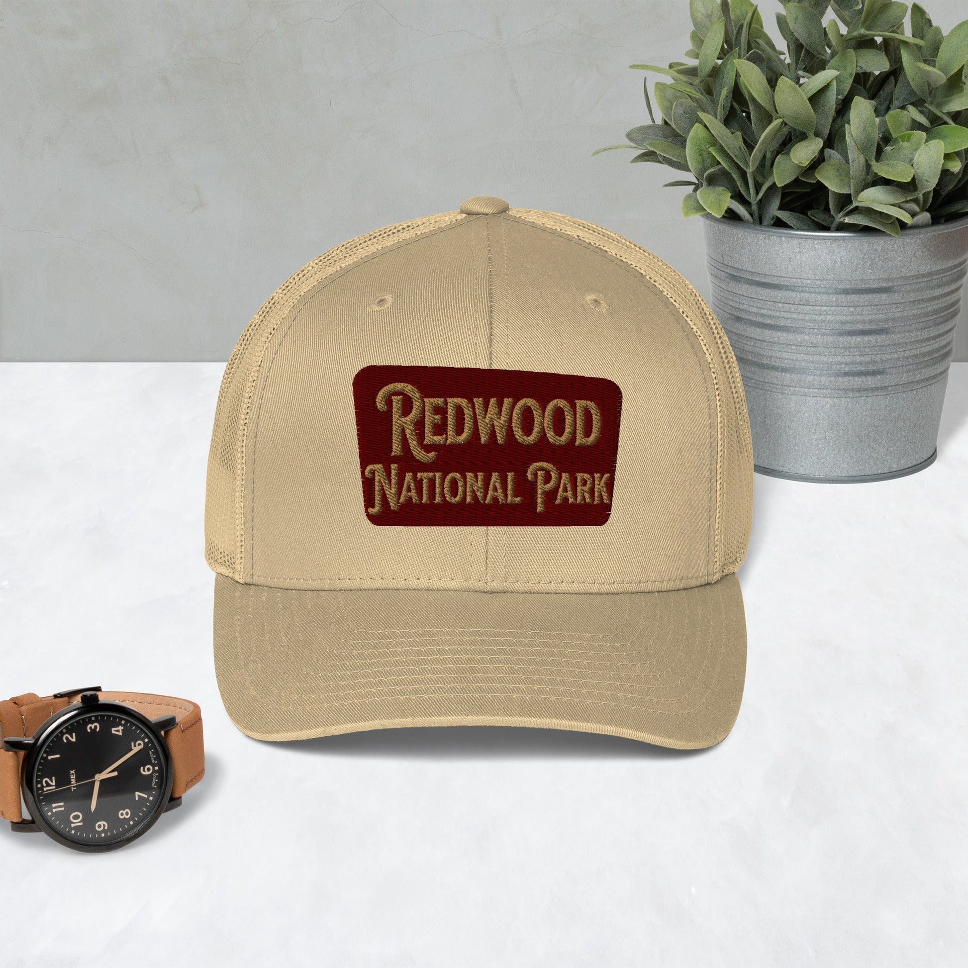 Redwood embroidered National Park trucker hat shown in lifestyle or modeled setting