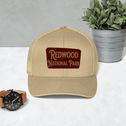 Redwood embroidered National Park trucker hat shown in lifestyle or modeled setting