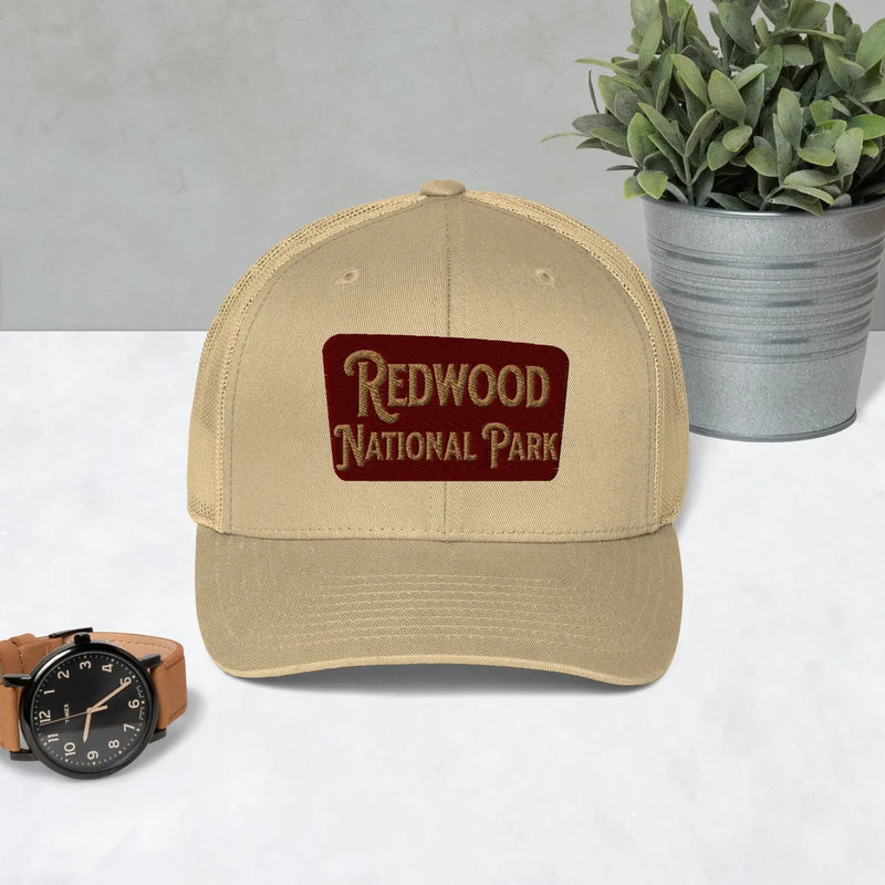 Redwood embroidered National Park trucker hat shown in lifestyle or modeled setting