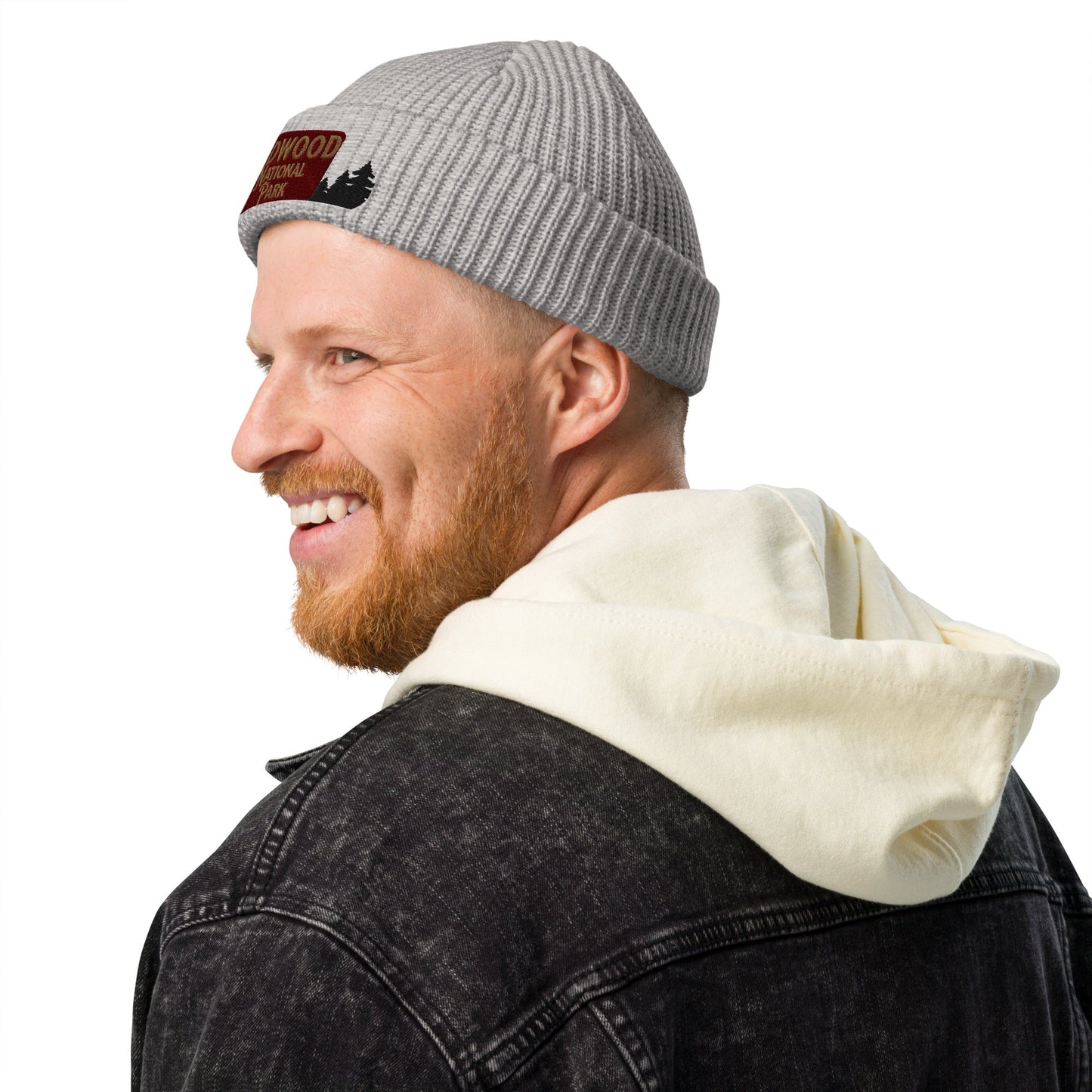 Redwood National Park embroidered beanie shown from alternate product angle
