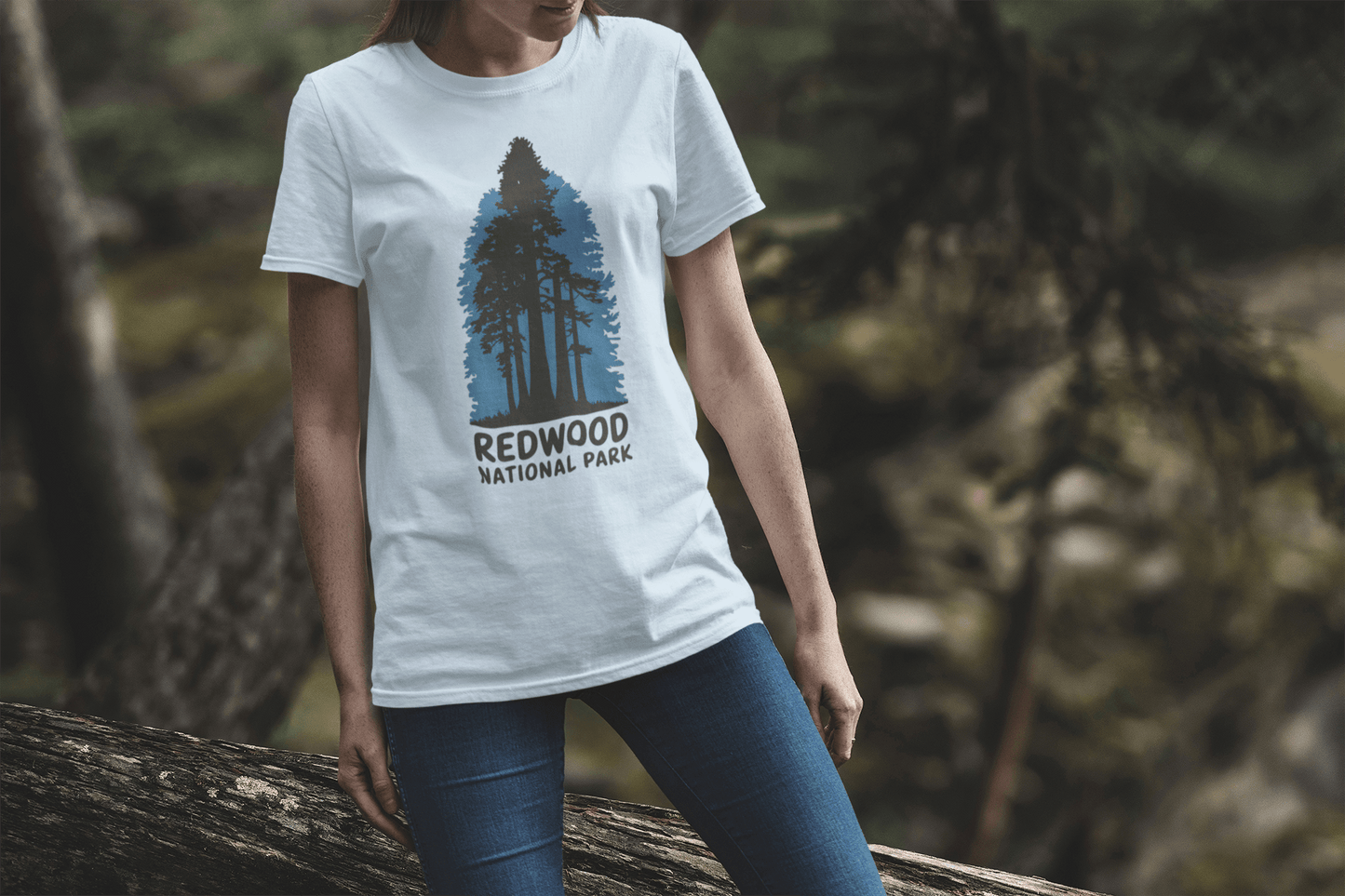 Redwood National Park shaded blue graphic t-shirt shown in lifestyle or modeled setting