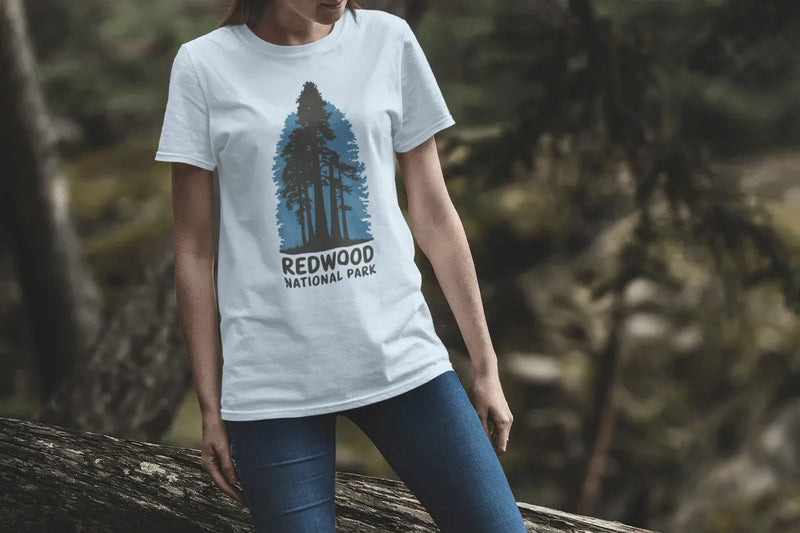 Redwood National Park shaded blue graphic t-shirt shown in lifestyle or modeled setting