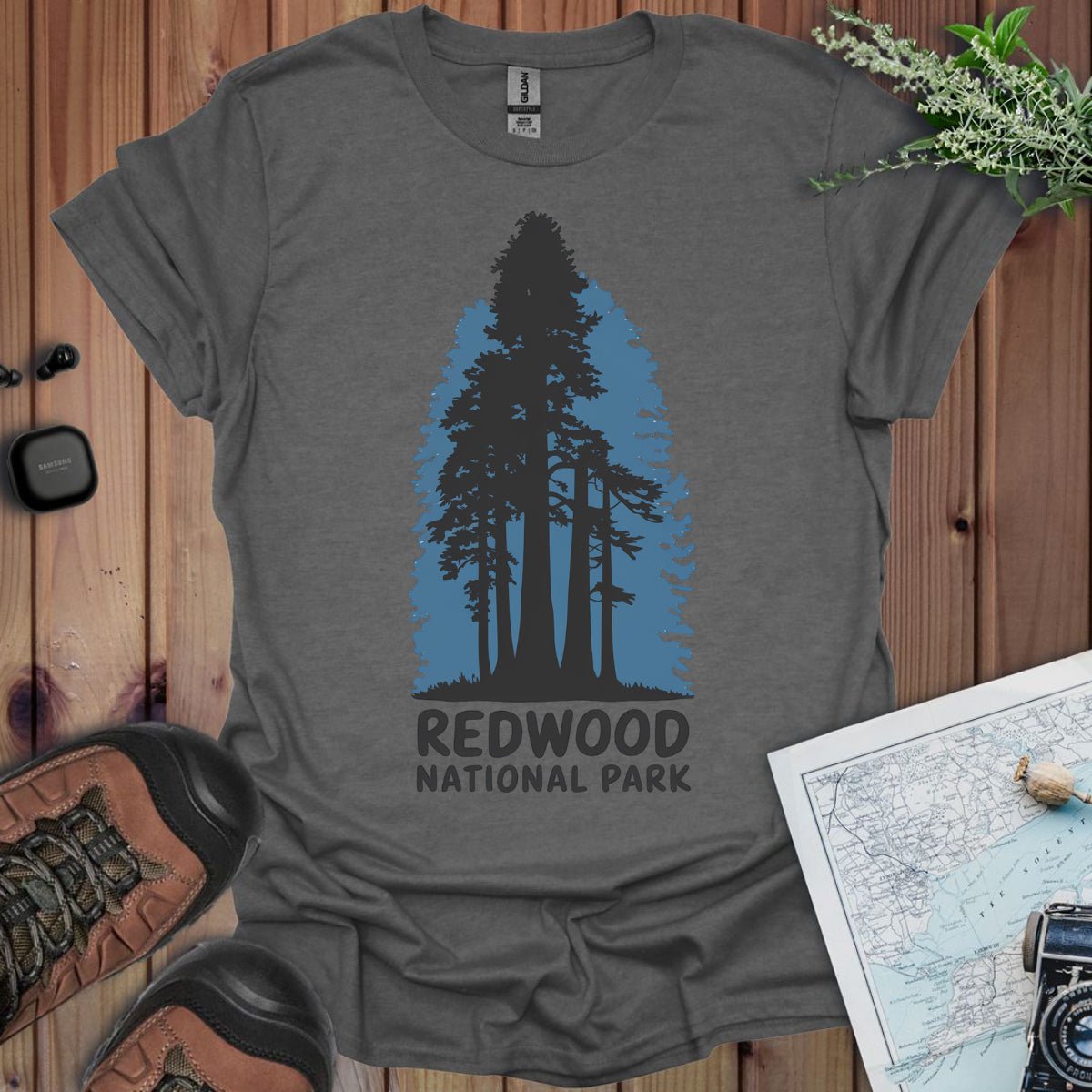 Redwood National Park shaded blue graphic t-shirt shown in lifestyle or modeled setting
