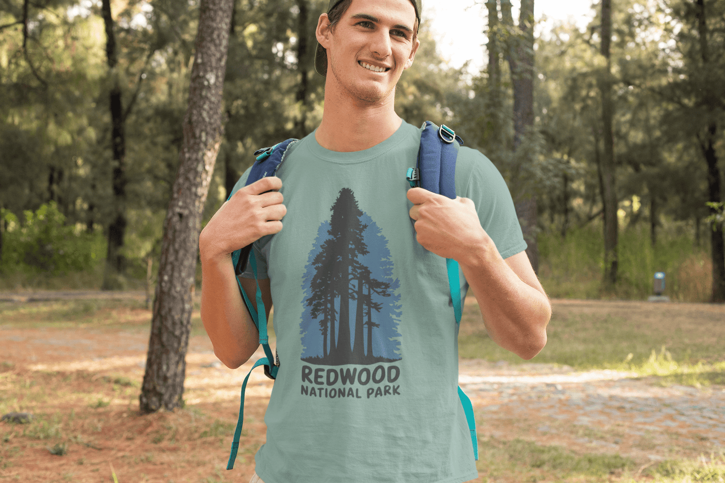 Redwood National Park shaded blue graphic t-shirt shown from alternate product angle