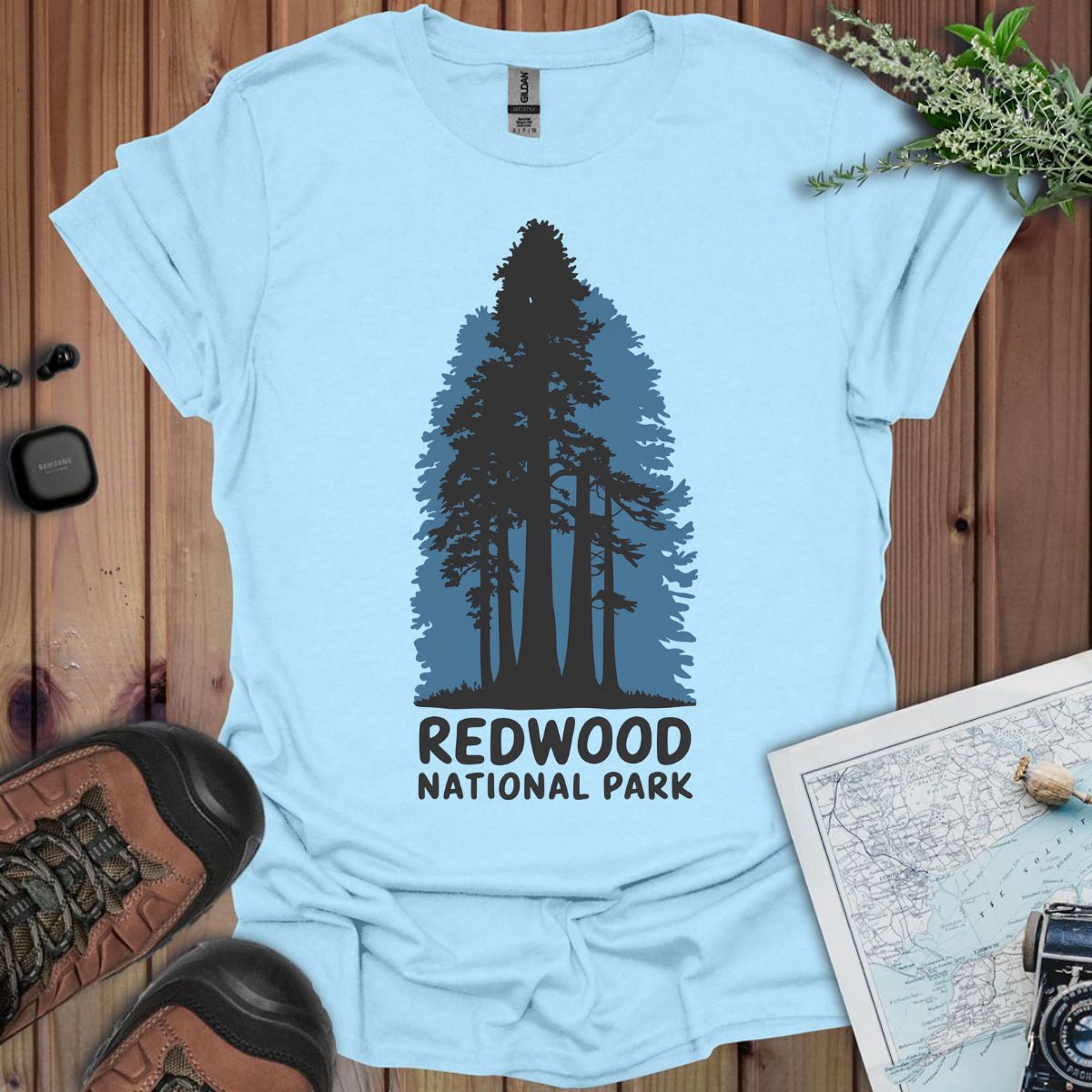 Redwood National Park shaded blue graphic t-shirt shown from alternate product angle