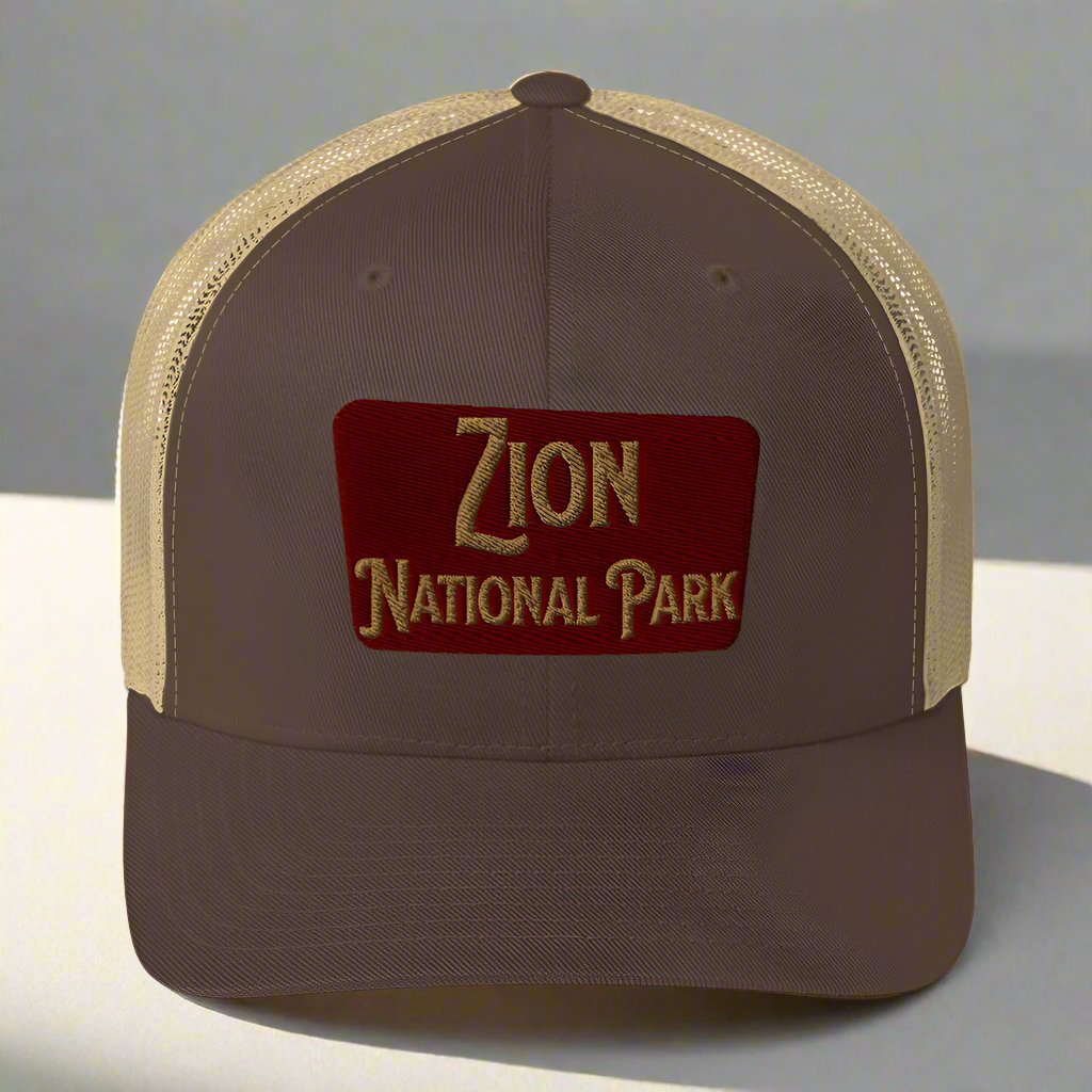 Zion National Park Sign Trucker Cap hat Park Service Apparel Brown/ Khaki
