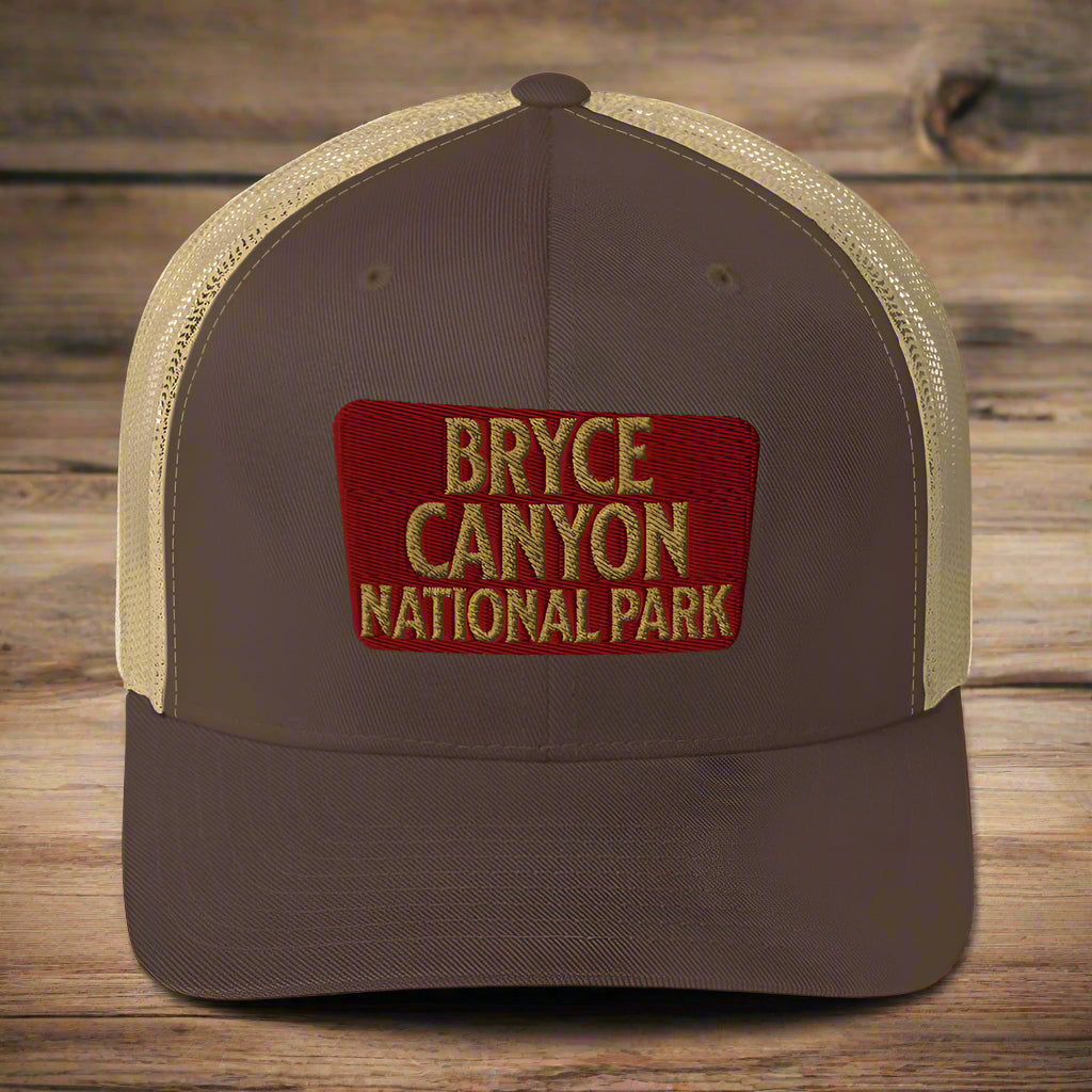 Bryce Canyon National Park Sign Embroidered Trucker Hat hat Park Service Apparel Brown/ Khaki