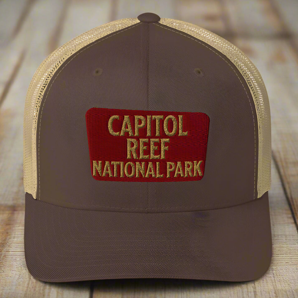Capitol Reef National Park Sign Embroidered Trucker Hat hat Park Service Apparel Brown/ Khaki