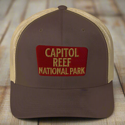 Capitol Reef National Park Sign Embroidered Trucker Hat hat Park Service Apparel Brown/ Khaki