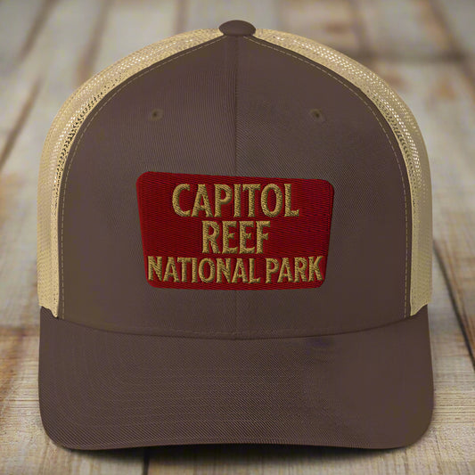 Capitol Reef National Park Sign Embroidered Trucker Hat hat Park Service Apparel Brown/ Khaki