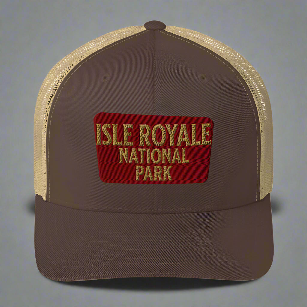 Isle Royale National Park Sign Embroidered Trucker Hat hat Park Service Apparel Brown/ Khaki