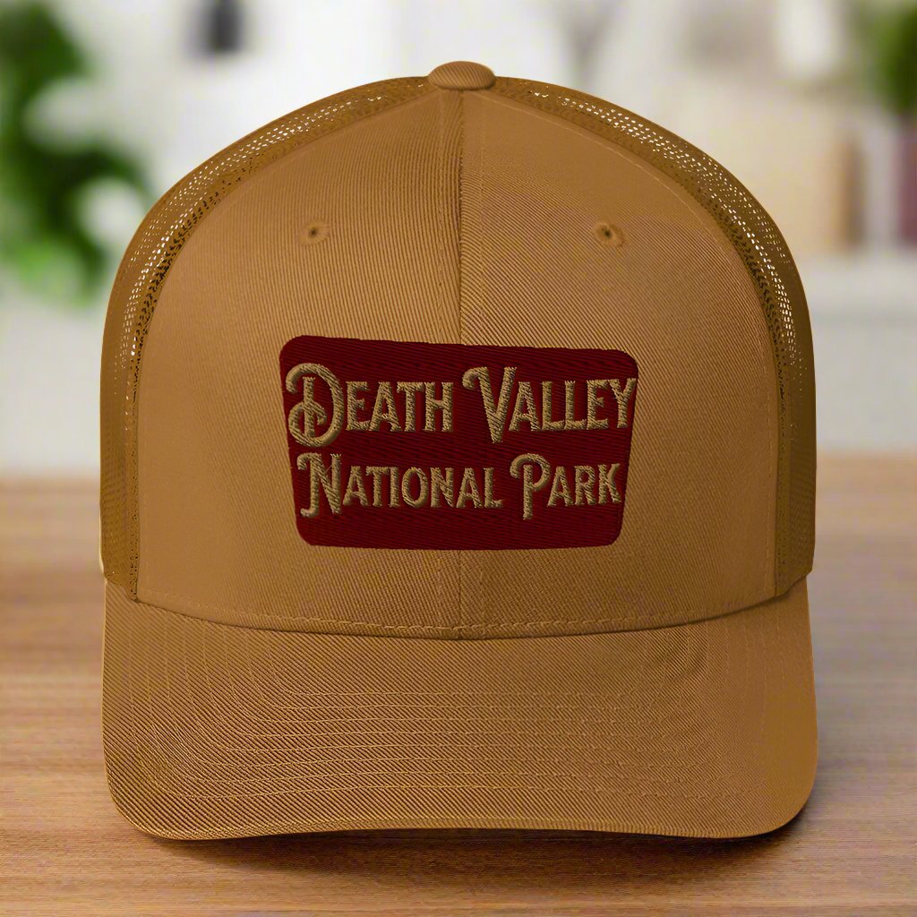 Death Valley National Park Sign Embroidered Trucker Cap hat Park Service Apparel Caramel