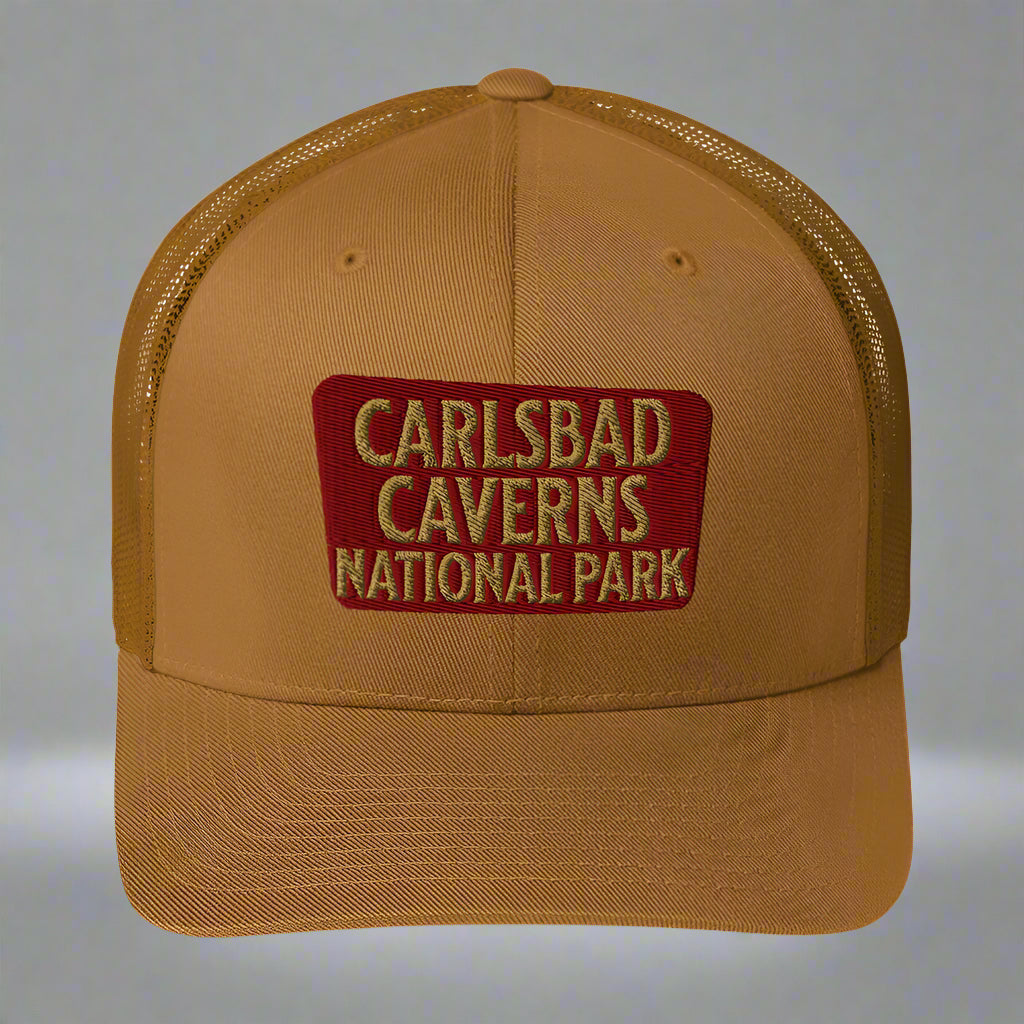 Carlsbad Caverns National Park Sign Embroidered Trucker Hat hat Park Service Apparel Caramel