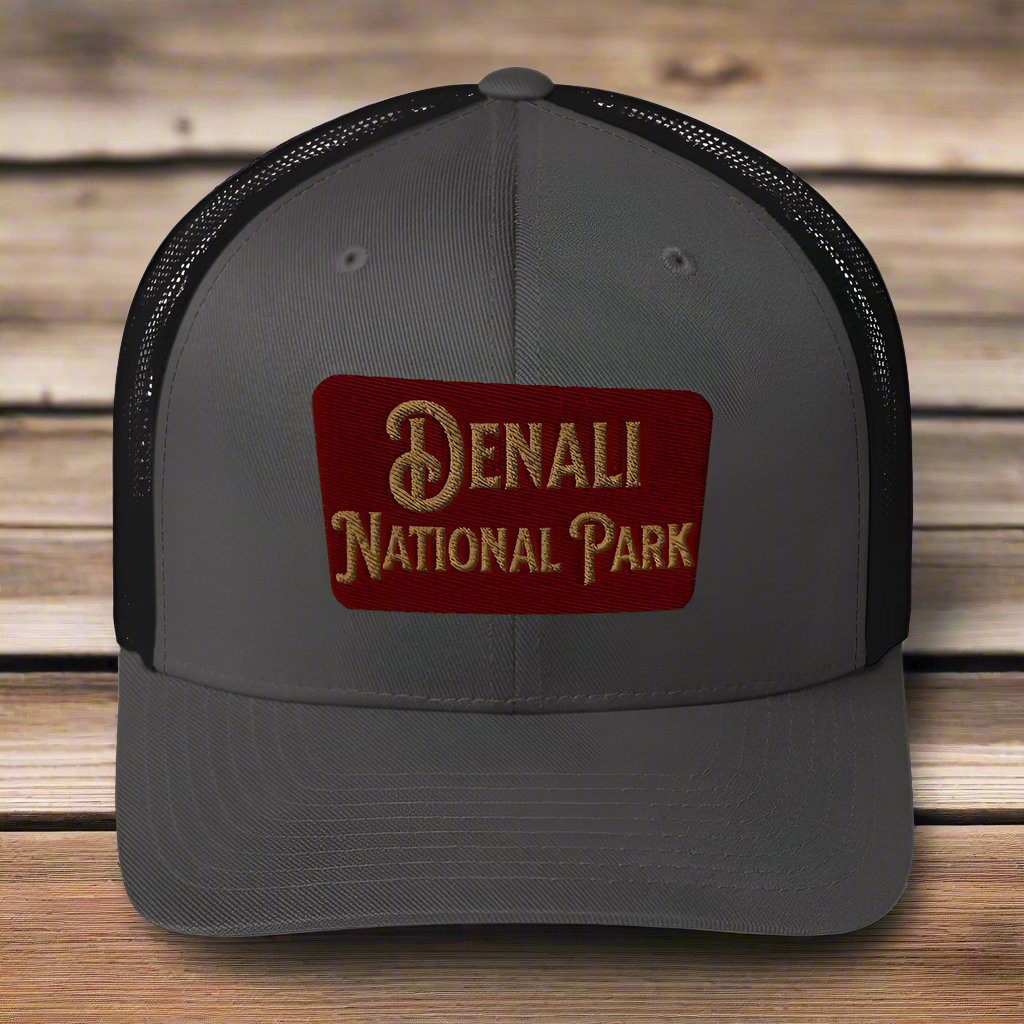 Denali National Park Sign Embroidered Trucker Hat hat Park Service Apparel Charcoal/ Black
