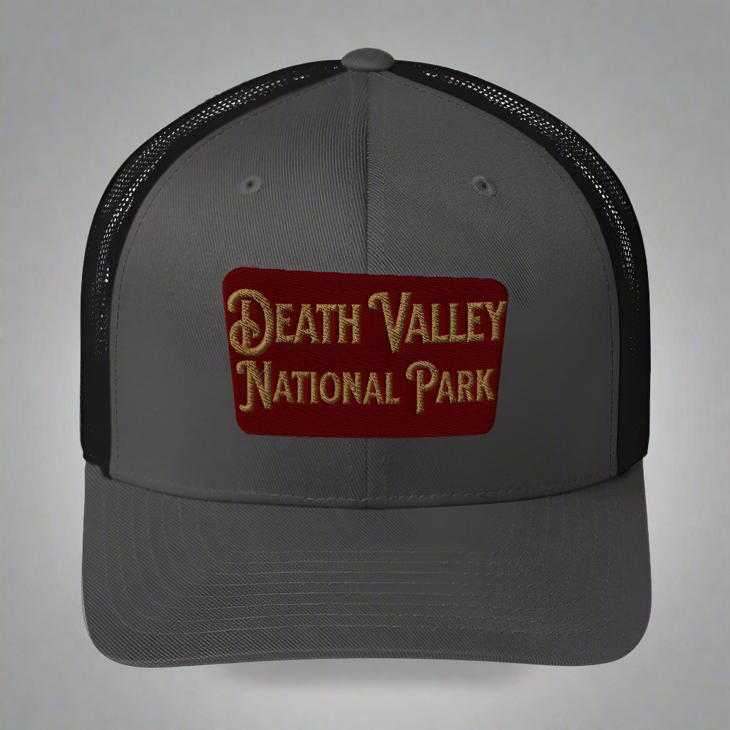 Death Valley National Park Sign Embroidered Trucker Cap hat Park Service Apparel Charcoal/ Black