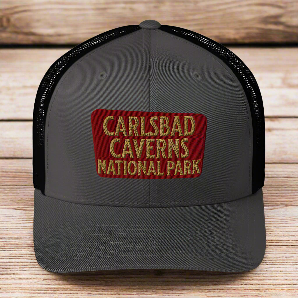 Carlsbad Caverns National Park Sign Embroidered Trucker Hat hat Park Service Apparel Charcoal/ Black