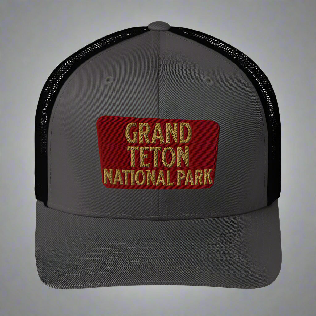 Grand Teton National Park Sign Embroidered Trucker Hat hat Park Service Apparel Charcoal/ Black