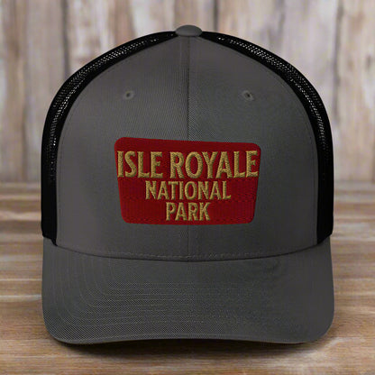 Isle Royale National Park Sign Embroidered Trucker Hat hat Park Service Apparel Charcoal/ Black