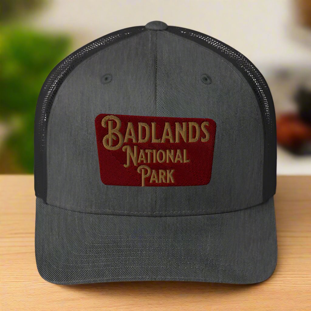 Badlands National Park Sign Embroidered Trucker Hat hat Park Service Apparel Dark Heather Gray