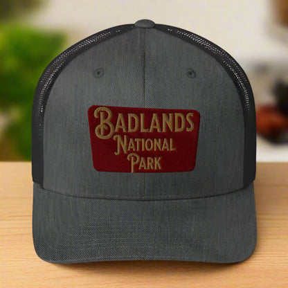 Badlands National Park Sign Embroidered Trucker Hat hat Park Service Apparel Dark Heather Gray