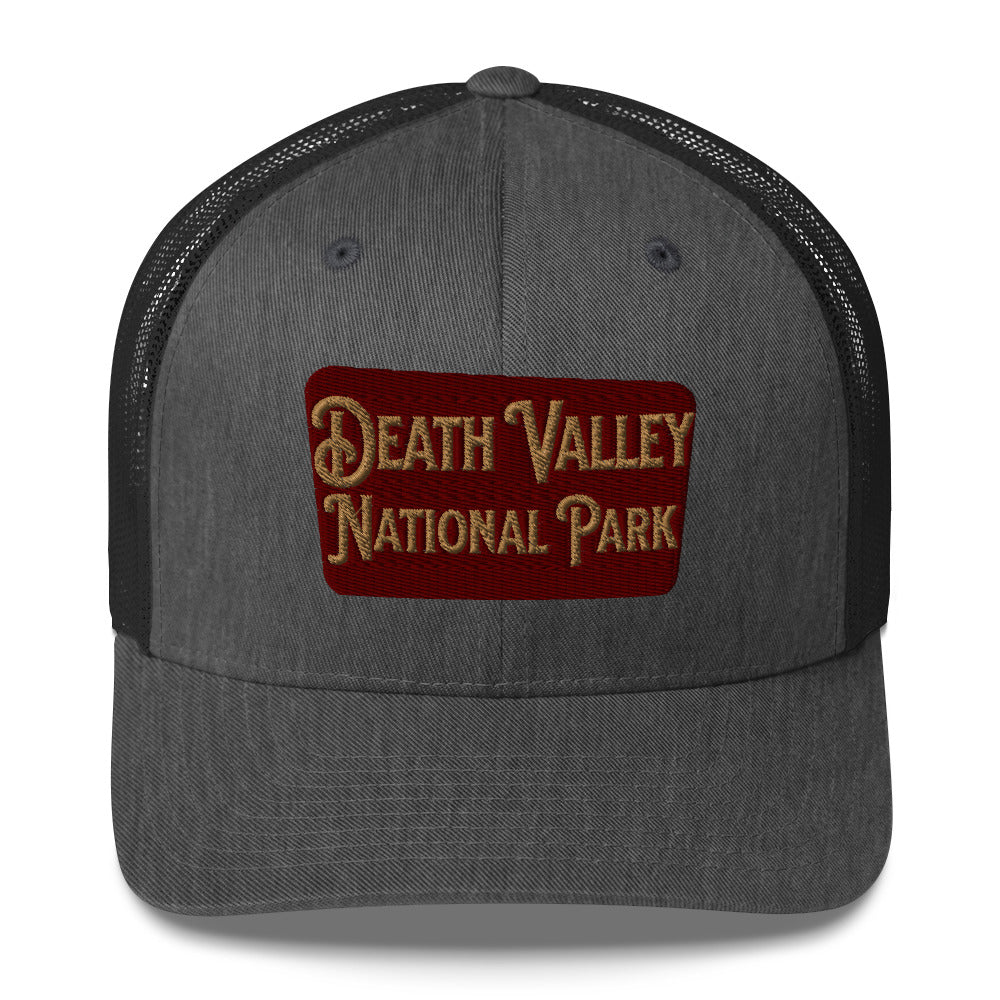 Death Valley National Park Sign Embroidered Trucker Cap hat Park Service Apparel Dark Heather Gray